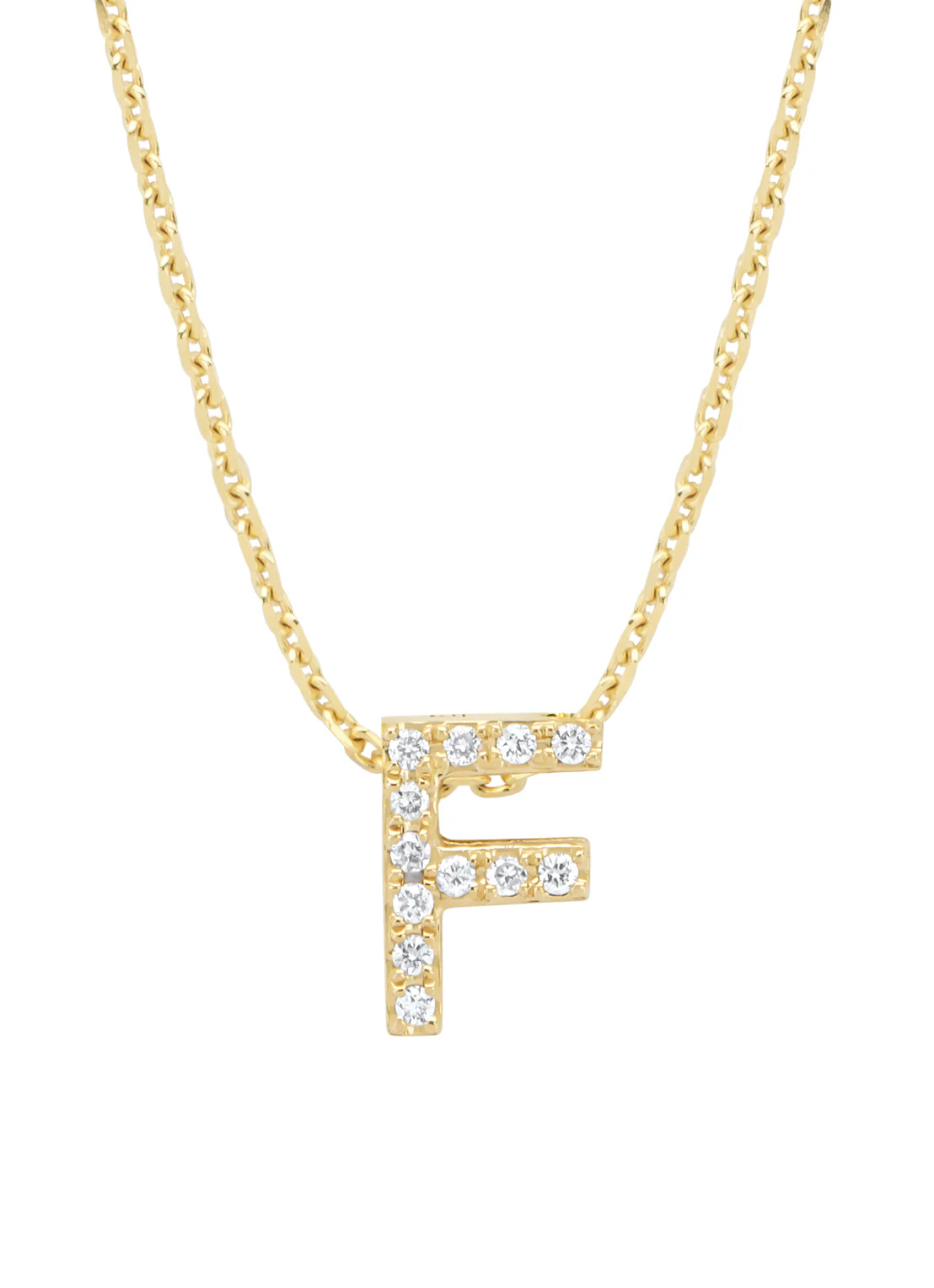Geelgouden hanger F, 0.04 ct diamant, Alphabet