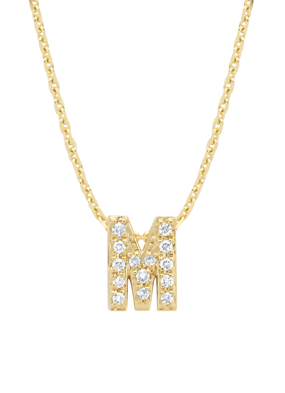 Geelgouden hanger M, 0.06 ct diamant, Alphabet