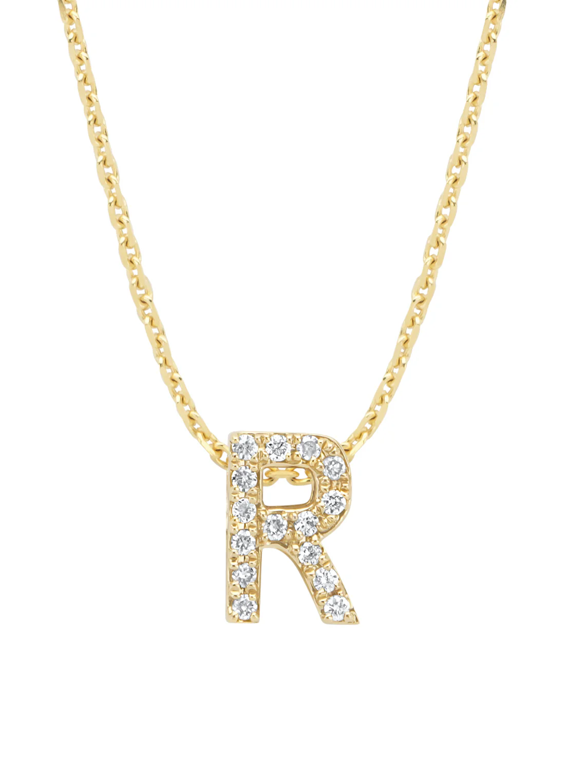 Geelgouden hanger R, 0.06 ct diamant, Alphabet